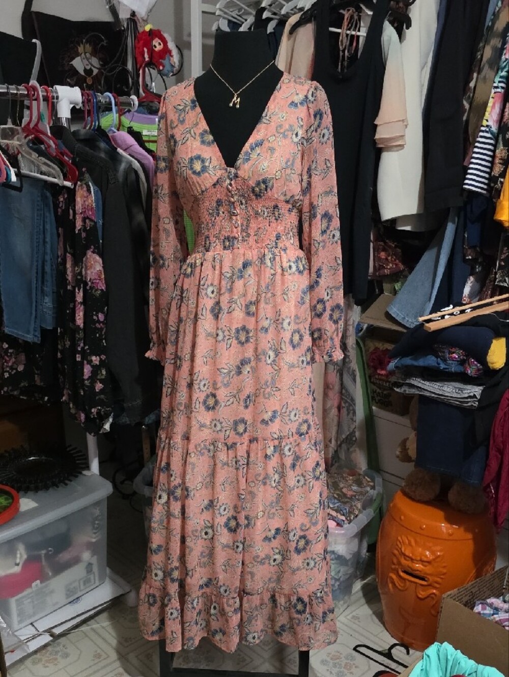 Patrons of Peace Peach Floral V-Neck Long Sleeve Midi Dress - Picture 6 of 7